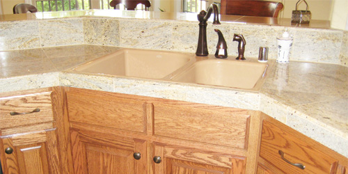 Stained Oak Counter With Tile Countertops